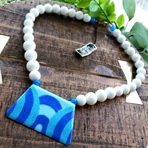 Auth 1970's Colorful Blues Fired Glass Enamel Centerpiece White Lucite Necklace